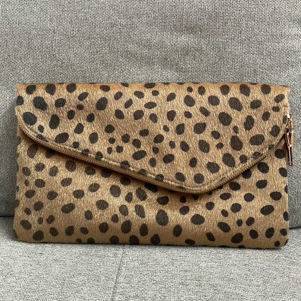 Faux Leopard Print Clutch with Long Gold Strap for crossbody - BRAND NEW